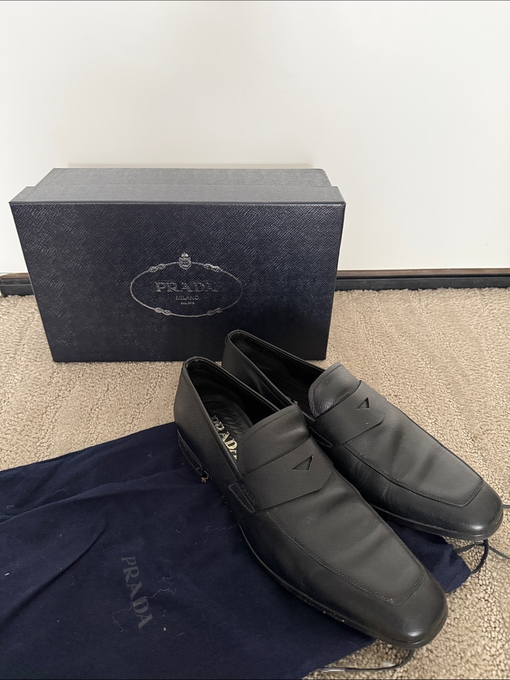 Prada Black Leather Penny Loafers